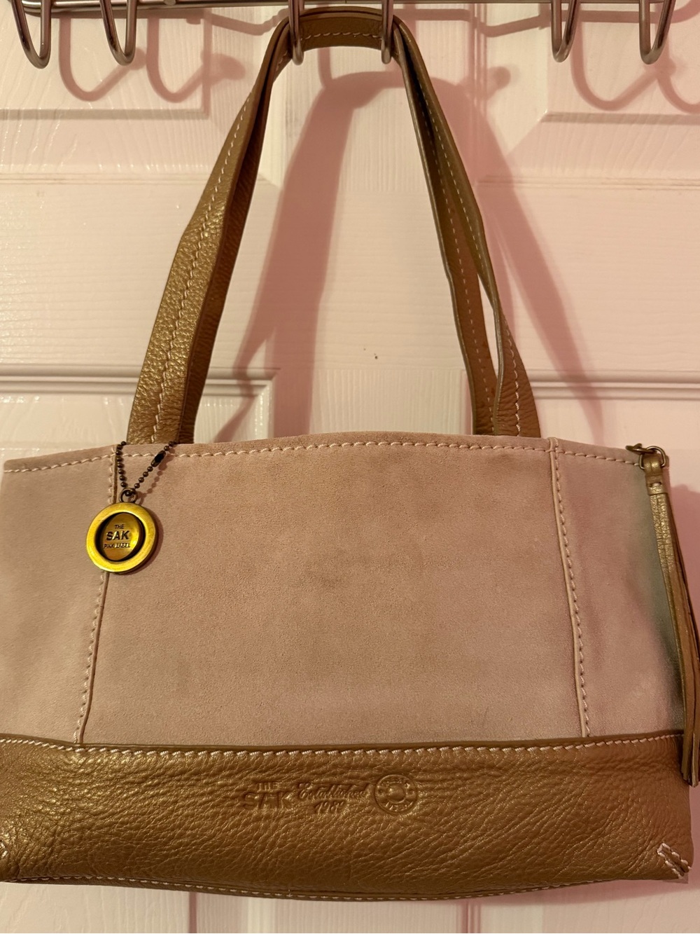 THE SAK PINK LABEL TAN SUEDE AND GOLD PEBBLED LEATHER HANDBAG
 with Gold Charm